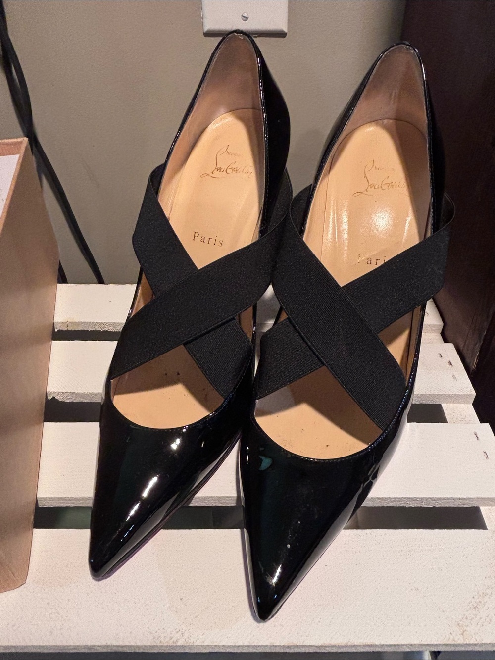 Christian Louboutin Black Patent Pointed-Toe Pumps with Crisscross
